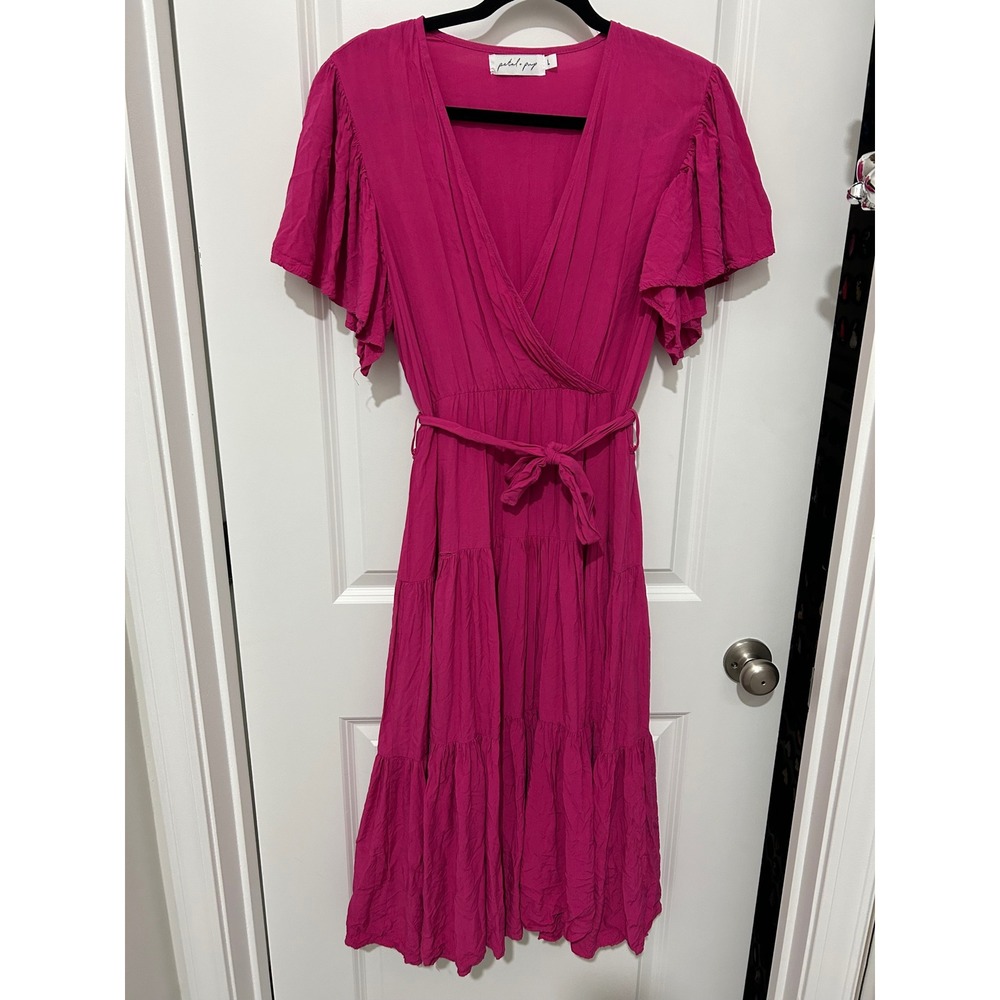 Petal & Pup Fuchsia Pink Tiered Flutter Sleeve Midi Wrap Dress Size L